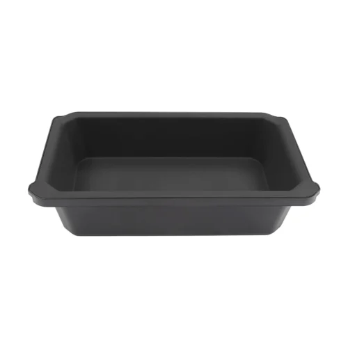 Rectangular black baking pan with flared rim and shallow depth.