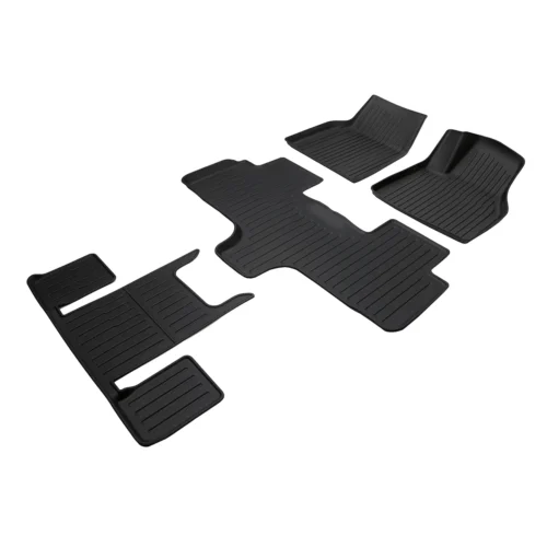 Five-piece black rubber car floor mat set arranged flat (front driver and passenger mats plus rear mats).