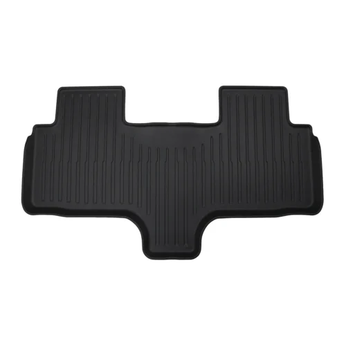 Black rubber car floor mat with raised edges and vertical grooves, shaped to fit front and rear footwells.