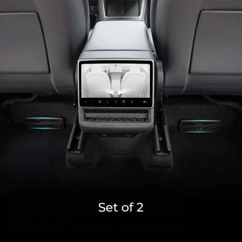 Center console touchscreen in a car showing a rear-seat view; part of a set of 2.