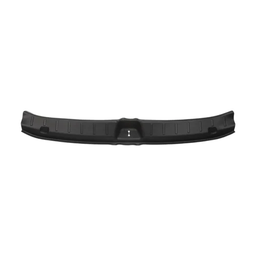 Black curved plastic bumper lip/trim with mounting slots for a vehicle, viewed front-on.