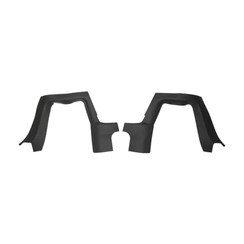 Symmetrical black plastic automotive trim pieces with a central notch, laid out against a white background (likely fender/inner wheel arch trim].