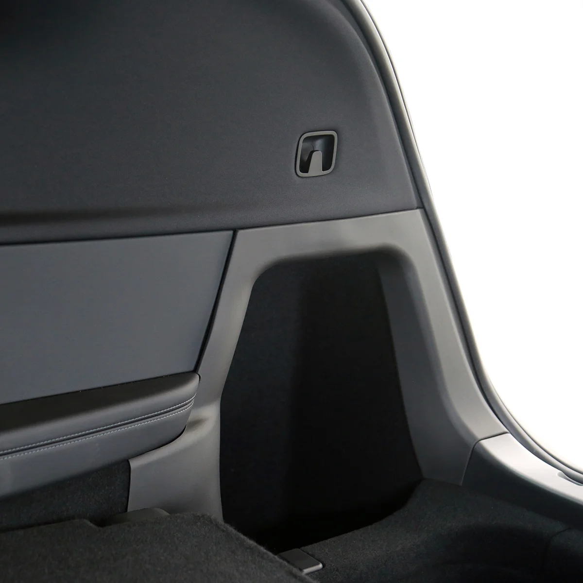 Small recessed hatch release handle on the car's cargo-area side panel.