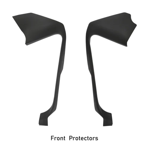 Pair of black front bumper protectors for a vehicle, shown from the sides with curved supporting legs