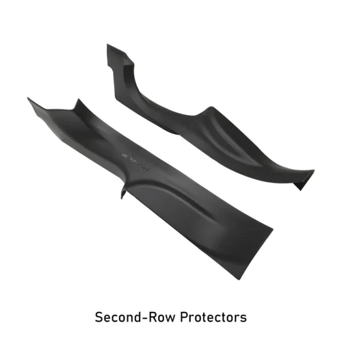 Pair of black curved second-row seat protectors for a car, designed to shield upholstery from wear and spills, shown laid flat.