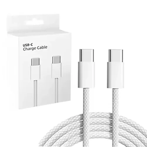 White braided USB-C to USB-C charging cable with a matching white packaging box labeled 'USB-C Charge Cable' in the background.
