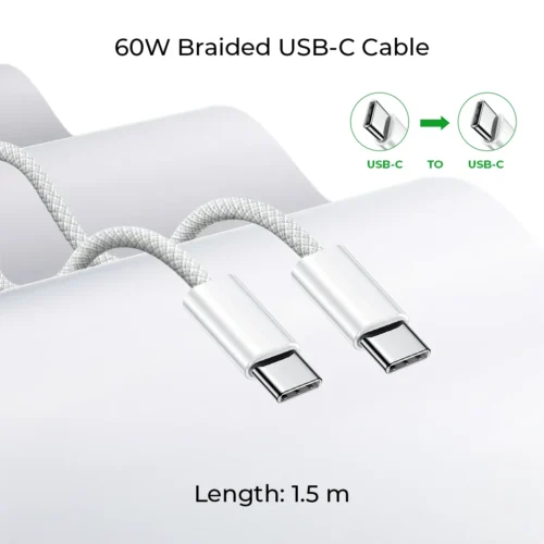 60W braided USB-C to USB-C charging cable, 1.5 m long, with silver connectors shown