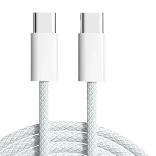 Close-up of two white USB-C connectors on a braided charging cable