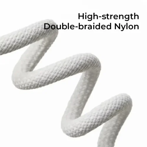 Close-up of a light gray high-strength double-braided nylon rope, twisting into a loose spiral.