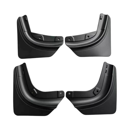Set of four black car mud flaps (front and rear) shaped to fit wheel arches.
