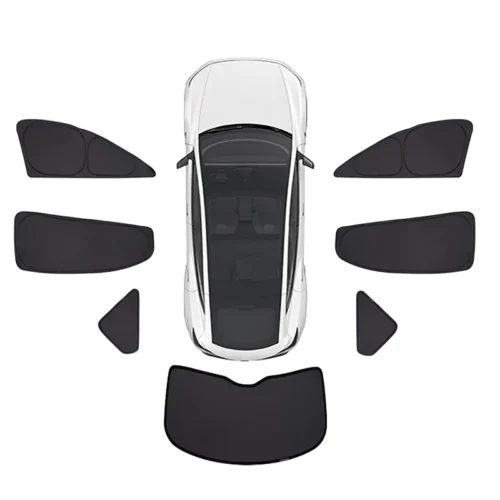 Top-down view of a white car with all window shade panels laid out around it around it.