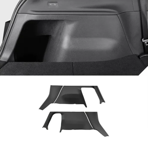 Trunk interior of a car with black plastic side panels; two replacement rear fender liner pieces shown below.