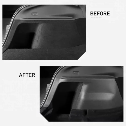Comparison image showing a car trunk interior before and after repair: the 'Before' panel has a gap and rougher surface, while the 'After' panel is smooth with a contoured interior fit.