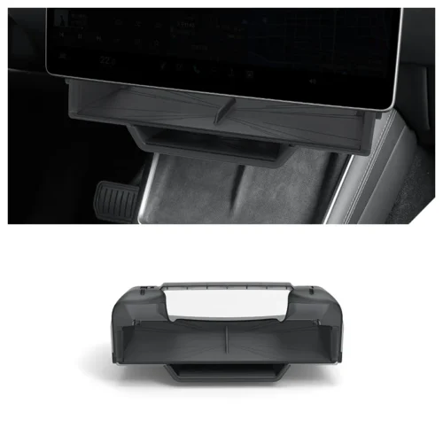 Car center console sliding tray extended, showing a shallow storage compartment for small items (top image). The bottom image shows the tray closed.