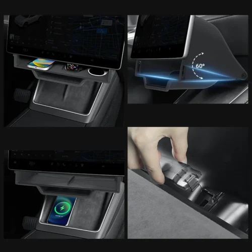 Car interior with a tablet mounted above a wireless charging pad and storage tray in the center console (informative, multi-device dock). 60-degree adjustable tablet holder close-up. Wireless charging phone visible in the console with charging indicator. Hand removing a device from the side clamp of the console accessory.