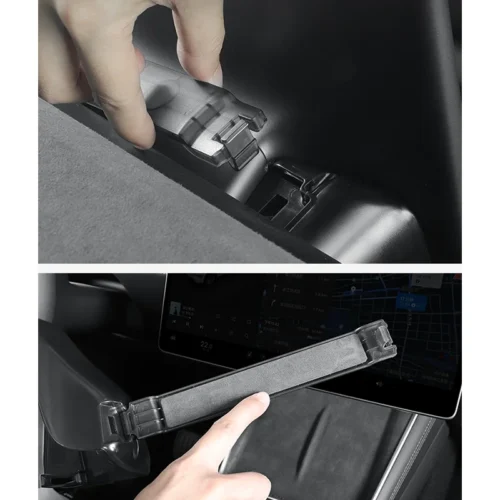 Close-up of a hand attaching a slim car tablet mount to the dashboard, showing the clamp mechanism being secured.