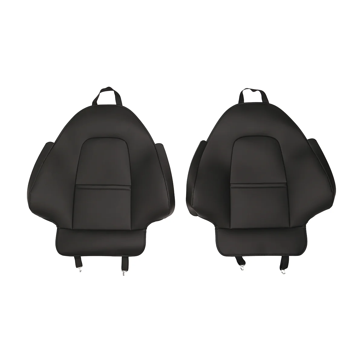 Two black car seats side by side, shown from the back with headrests and lower cushions visible.