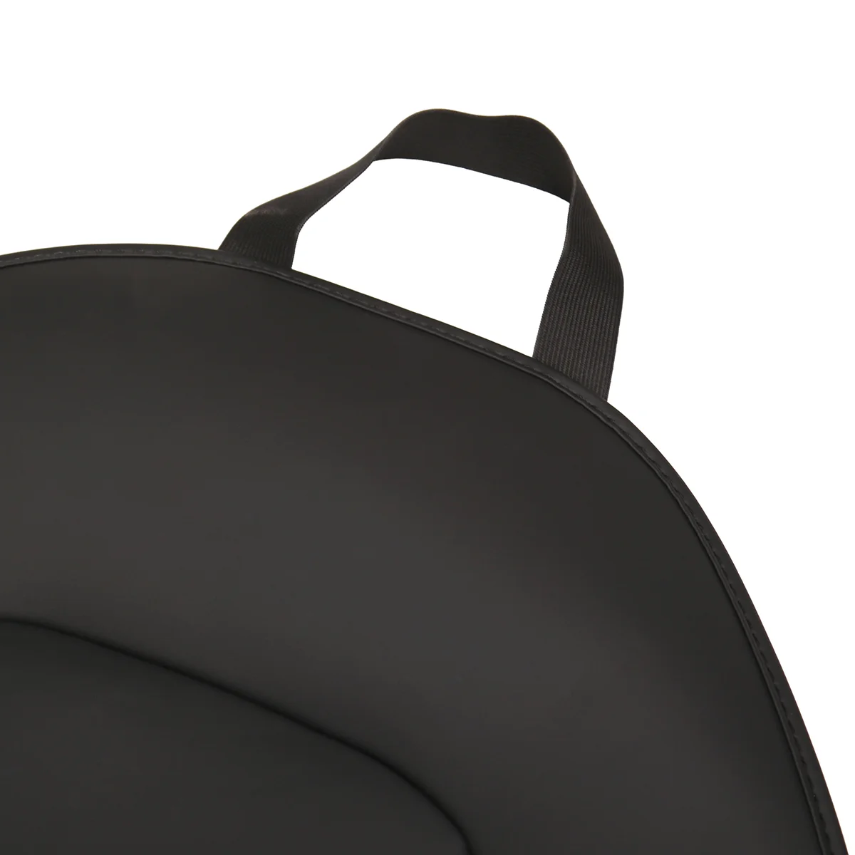 Close-up of a black circular bag with a fabric carrying handle.