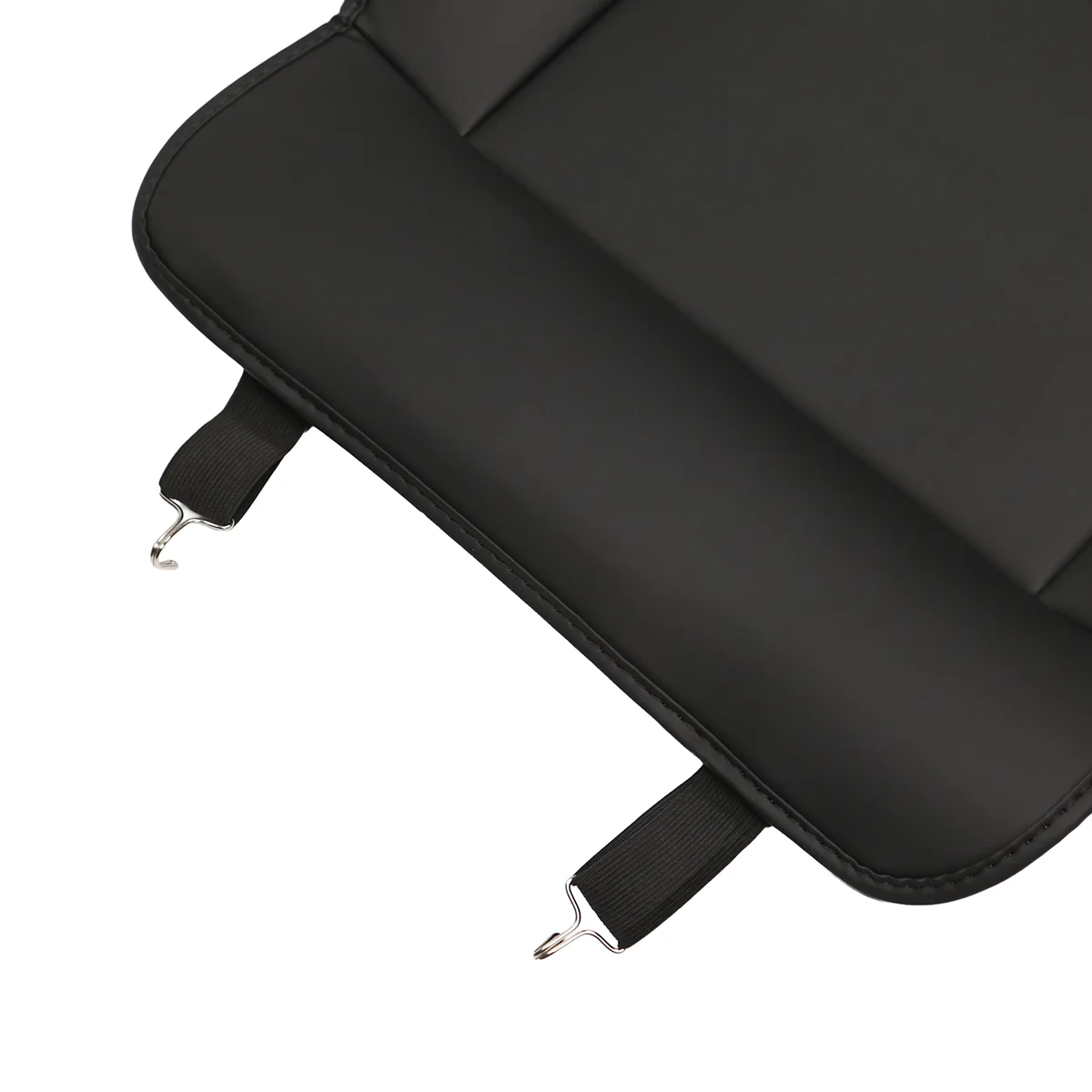 Close-up of a black padded bag edge with two fabric loops and silver metal hooks for attachment.