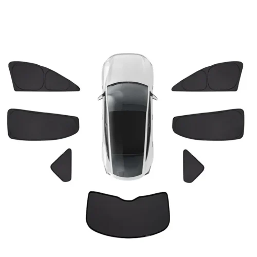 Top-down view of a white car with a full set of black window sunshade panels arranged around it
