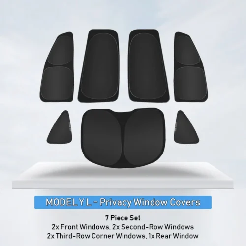 Seven-piece Model Y privacy window cover set, shown as individual black panels for all rows and the rear window.