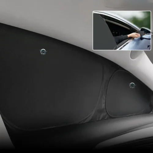 Car trunk panel with two round speakers; inset shows a hand opening a car door.
