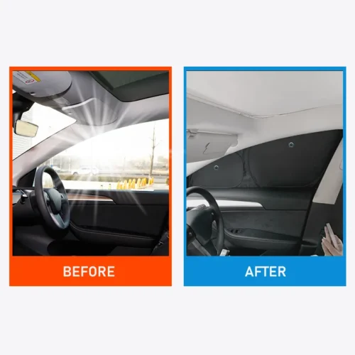 Side-by-side comparison of a car interior: left shows a damaged headliner near the windshield labeled BEFORE; right shows a repaired, smooth headliner labeled AFTER.