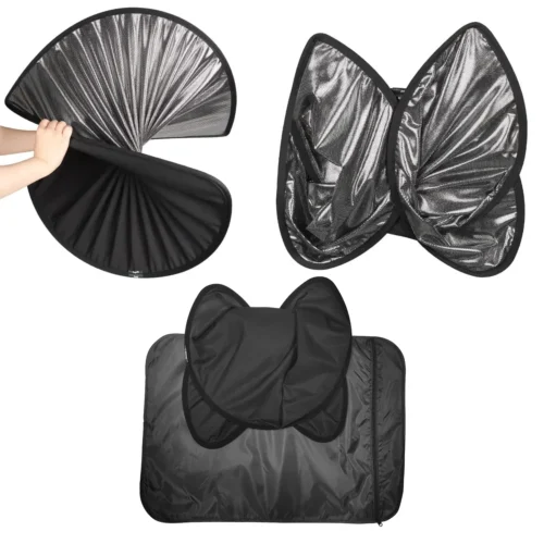 Foldable black photography reflector kit with multiple panels and a zippered carry case, shown in open and collapsed states