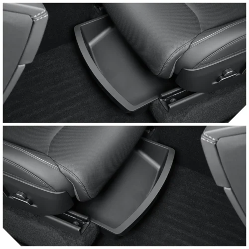 Fold-out storage tray under a car seat, shown extended for easy access to the compartment below the seat cushion.