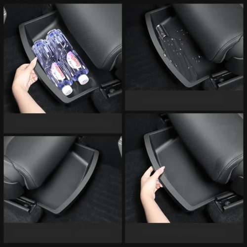 Extendable under-seat storage tray in a car being pulled out, holding two water bottles in the compartment.