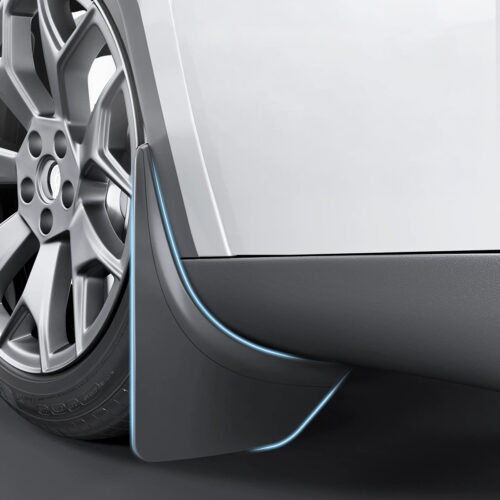 Close-up of a car wheel and body, highlighting a blue illuminated edge trim along the lower door panel and mudguard