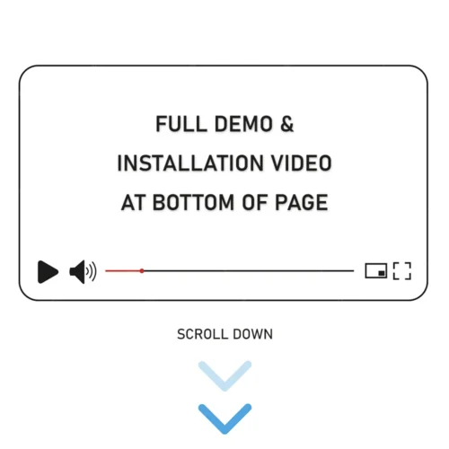 Video player placeholder with the message 'FULL DEMO & INSTALLATION VIDEO AT BOTTOM OF PAGE'; scroll down for more info.