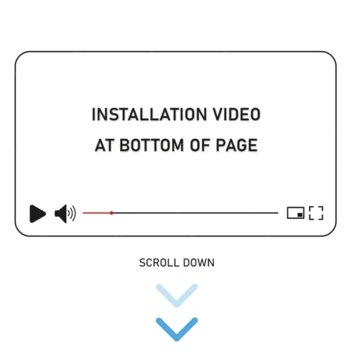 Installation video available at the bottom of the page; scroll down to view it. It shows a video player with play/pause and progress bar icons, and two downward arrows indicating to scroll.