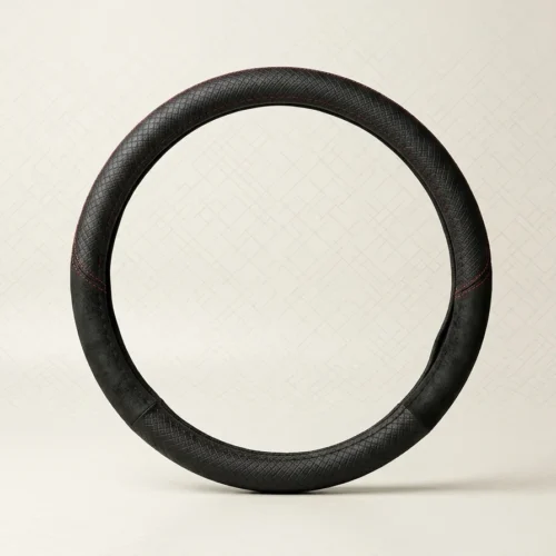 Black leather steering wheel cover with red stitching shown as a circular form on a light background.