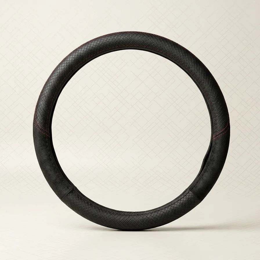 Black leather steering wheel cover with red stitching shown as a circular form on a light background.