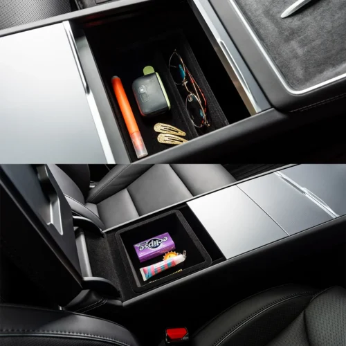 Open car center console showing a key fob, orange lipstick, sunglasses, and two hairpins in the upper pocket.
