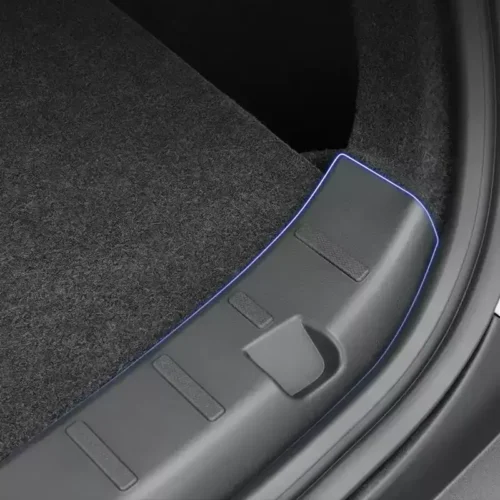 Car entry sill with a blue outline highlighting the door threshold and carpeted floor inside the vehicle.
