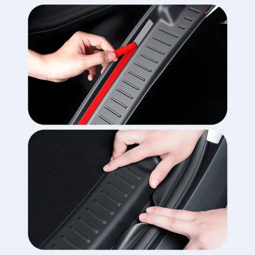 Two-step close-up of hands applying a red protective film to a ribbed car door sill guard and pressing it into place.