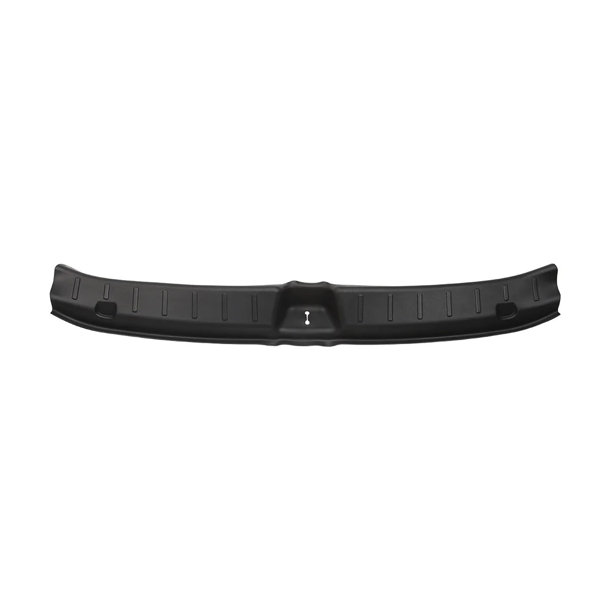 Black curved plastic car bumper trim with ribbed surface and central mounting notch for installation