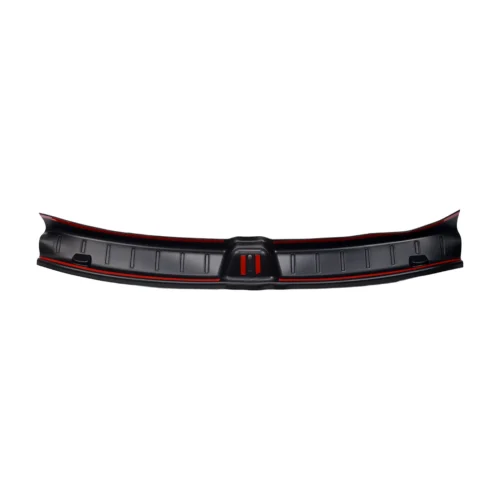 Black automotive bumper guard with red accent strip, shown stretched horizontally across the image