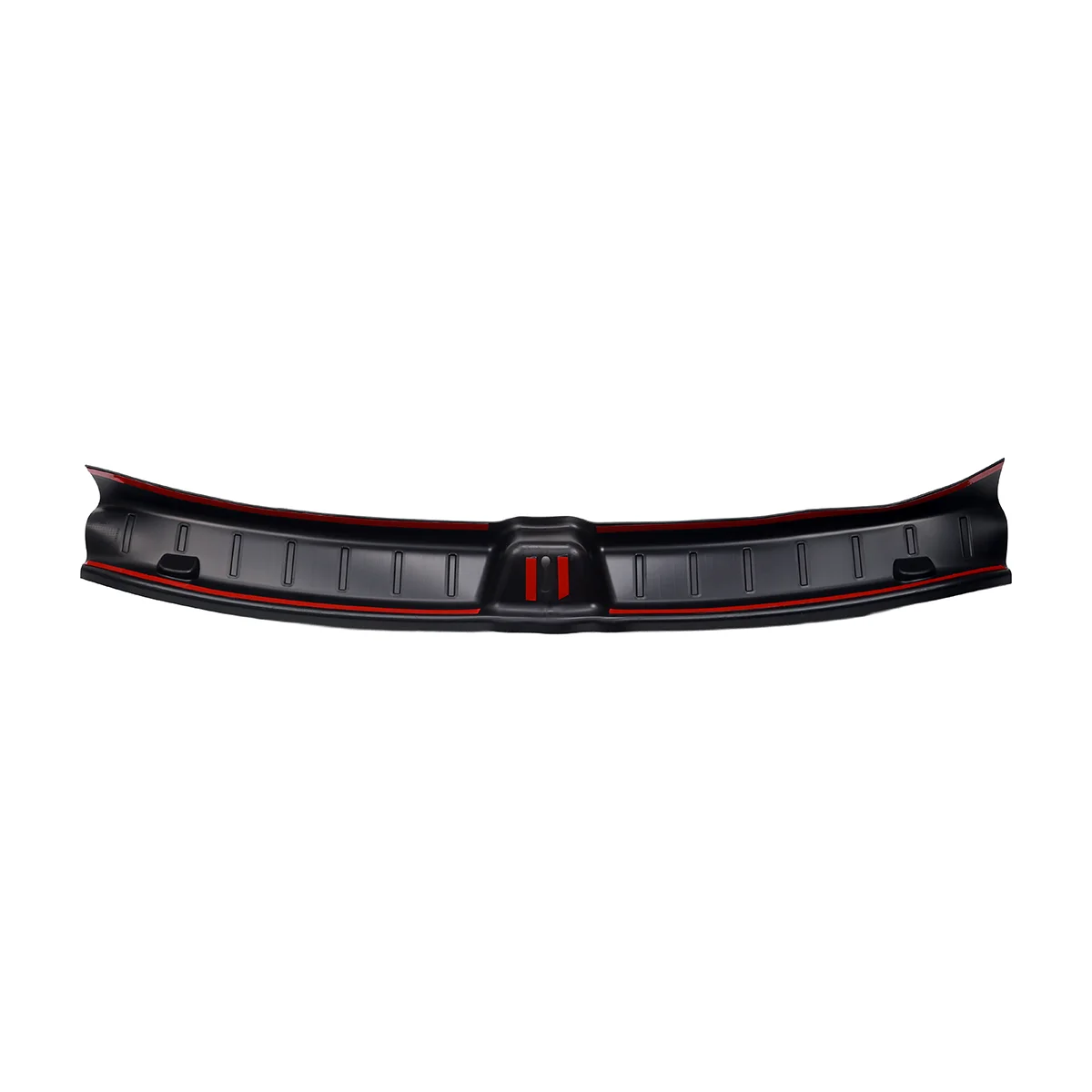Black automotive bumper guard with red accent strip, shown stretched horizontally across the image