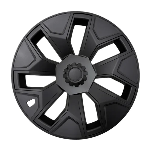 Black car wheel rim with angular spokes and a central hub cap.