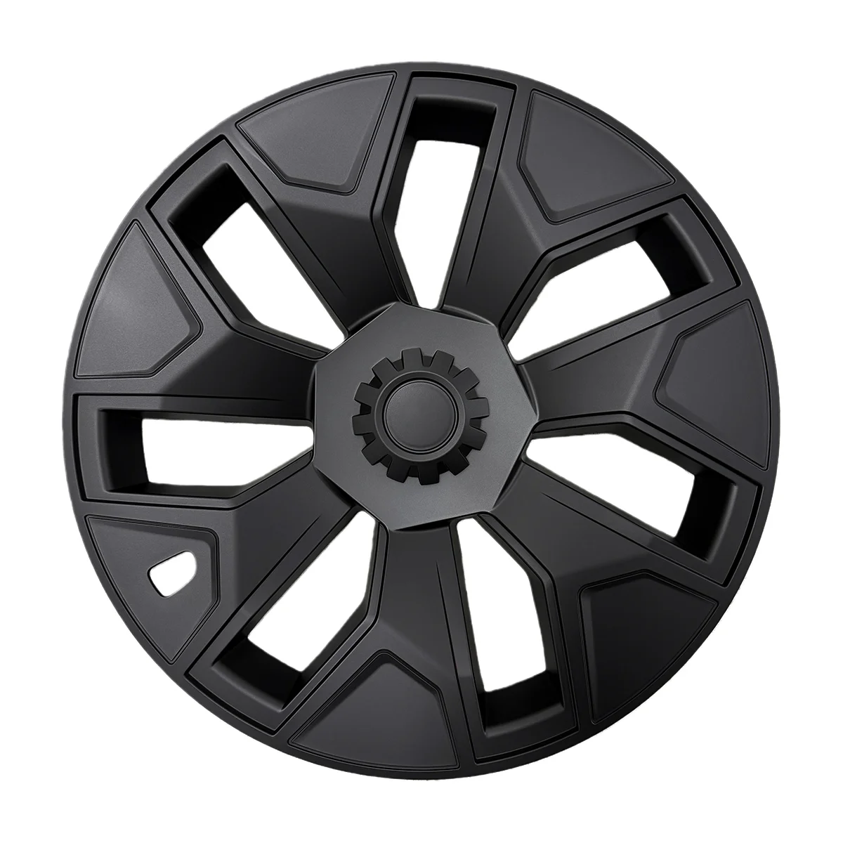 Black car wheel rim with angular spokes and a central hub cap.